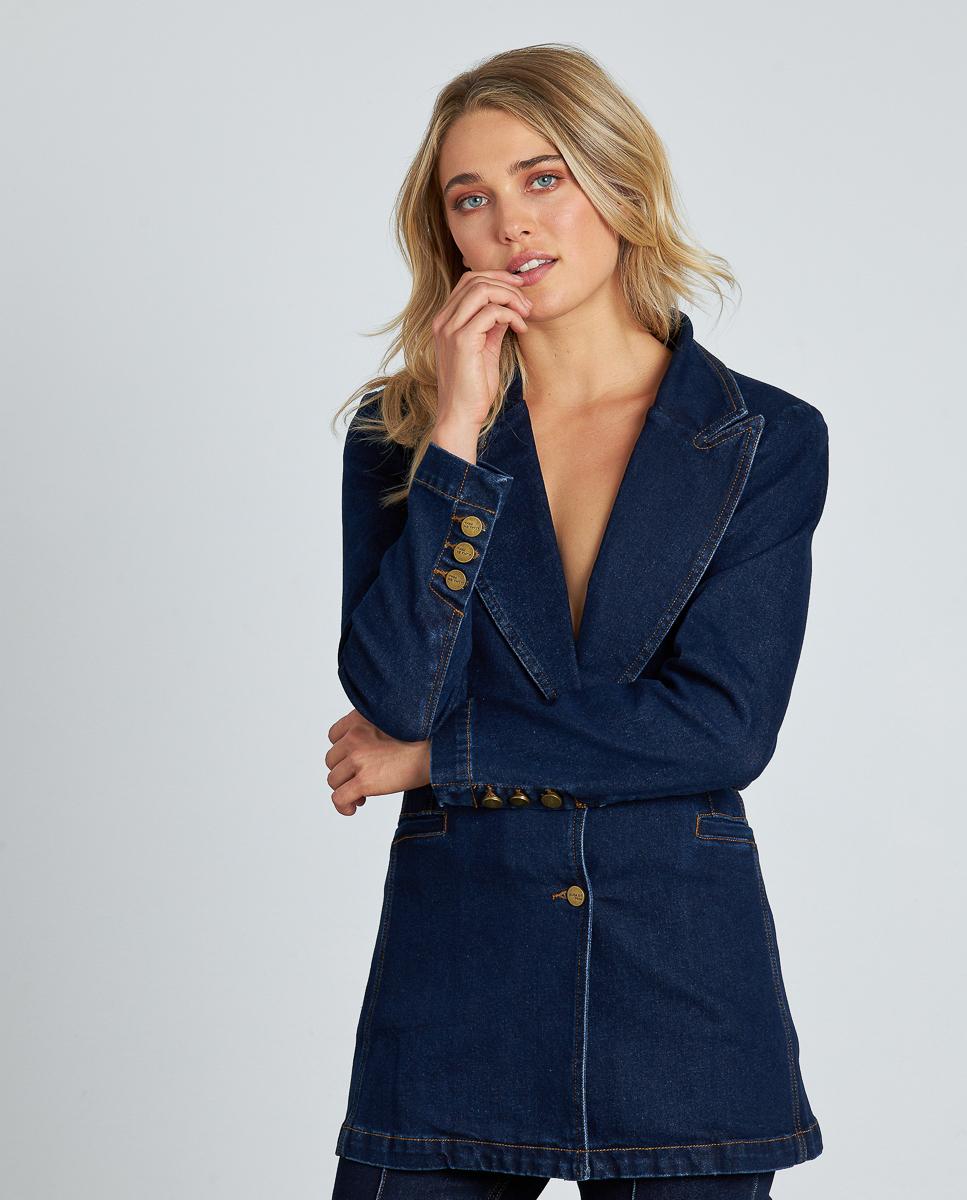 Blazer Jeans com Bolsos Frontais Azul-escuro-2