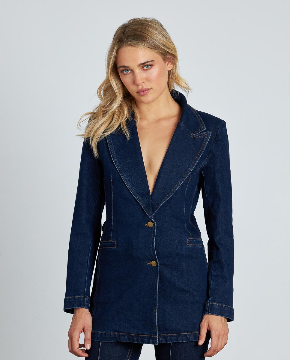 Blazer Jeans com Bolsos Frontais Azul-escuro-3