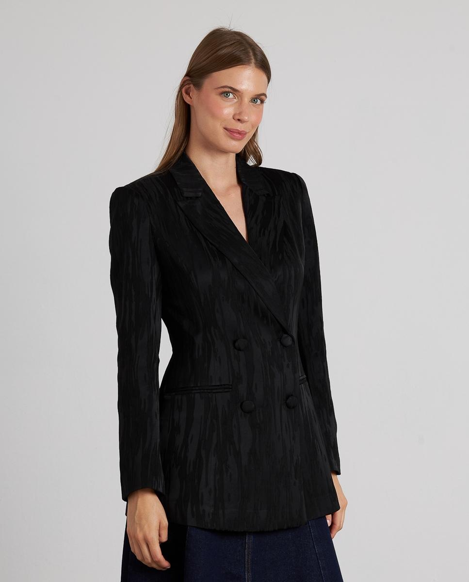 Blazer Texturizado com Gola de Lapela e Manga Comprida Preto-1