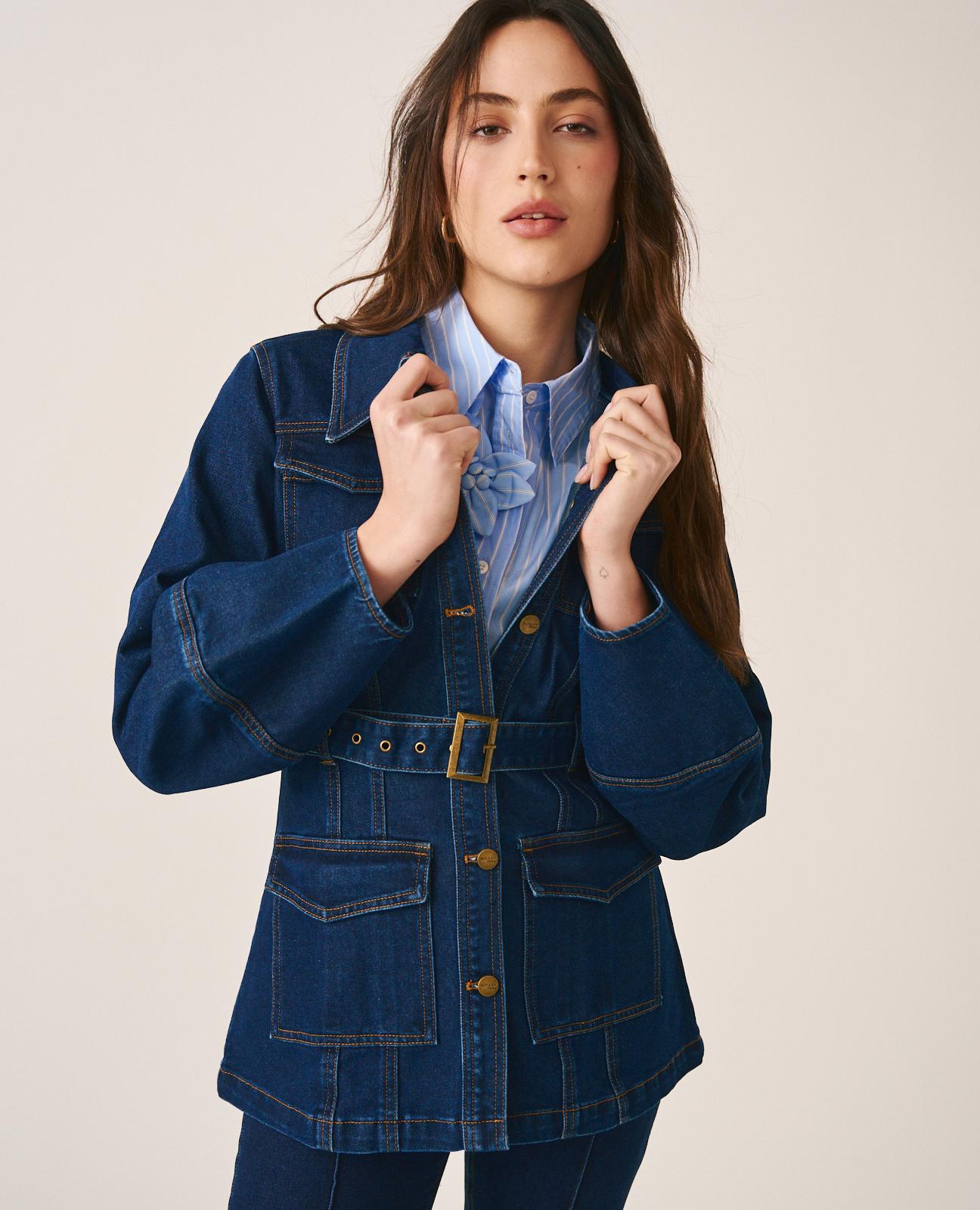 Casaco Jeans com Gola em V Abotoado e Cinto Ajustável Azul-escuro-2