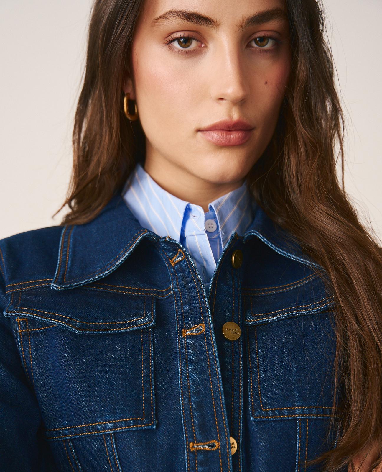 Casaco Jeans com Gola em V Abotoado e Cinto Ajustável Azul-escuro-4