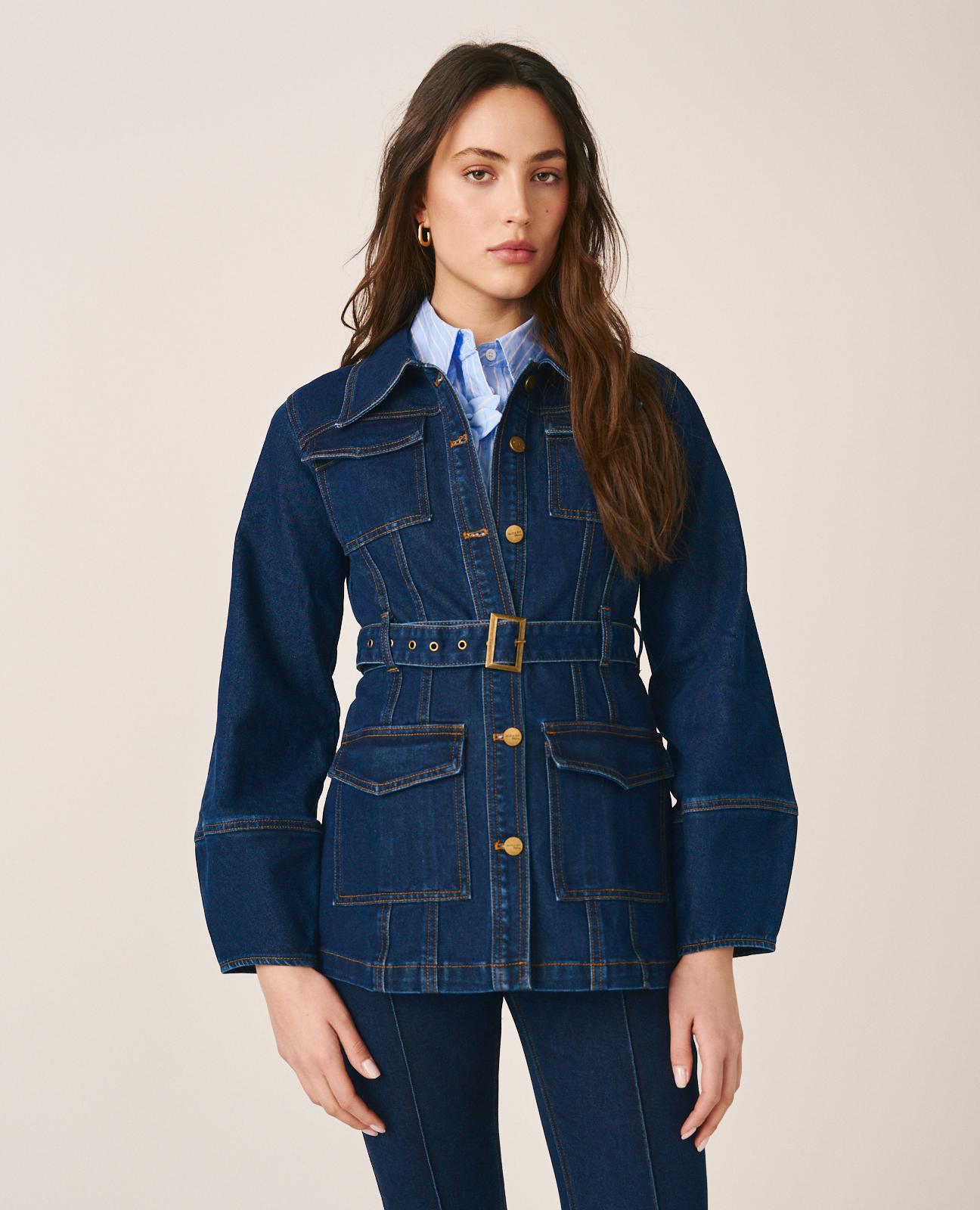 Casaco Jeans com Gola em V Abotoado e Cinto Ajustável Azul-escuro-5