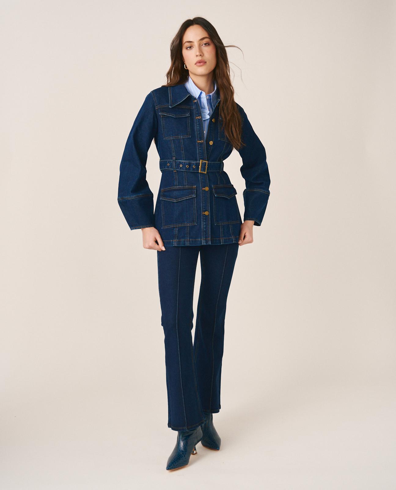 Casaco Jeans com Gola em V Abotoado e Cinto Ajustável Azul-escuro-6