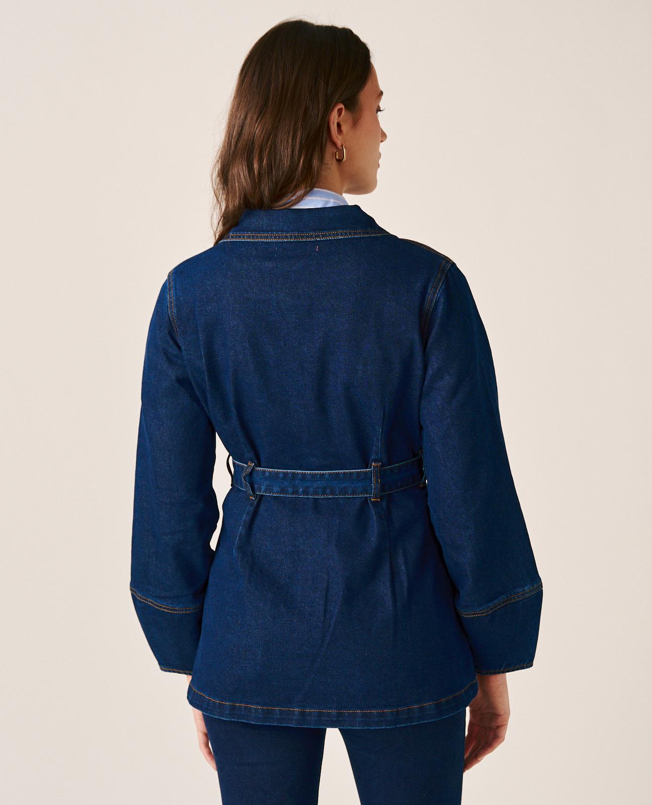 Casaco Jeans com Gola em V Abotoado e Cinto Ajustável Azul-escuro-7
