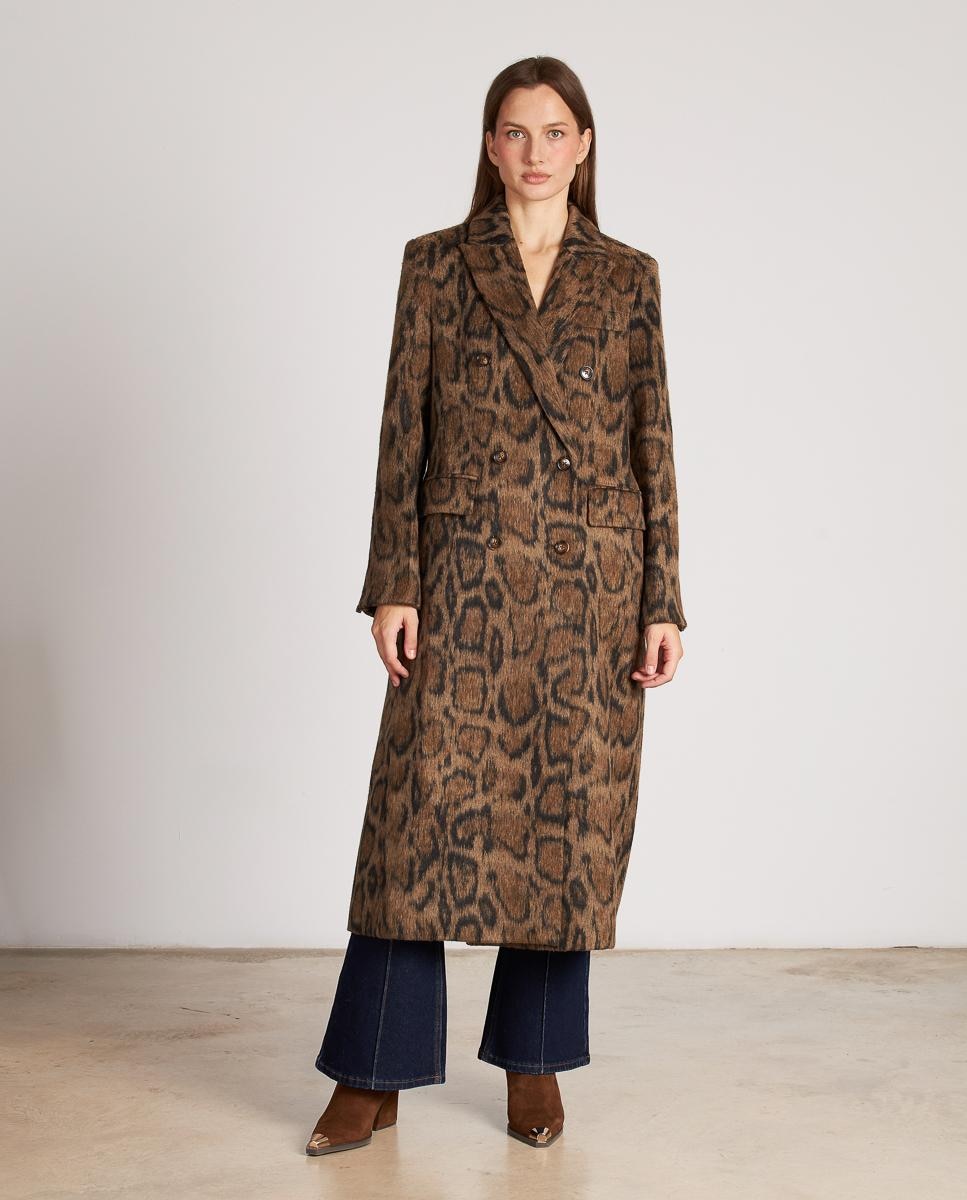 Sobretudo de Pano Cruzado com Estampado Animal e Fecho com Botões Castanho-1