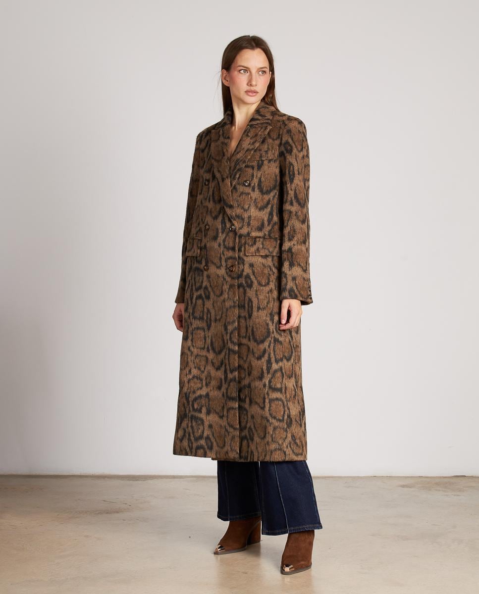 Sobretudo de Pano Cruzado com Estampado Animal e Fecho com Botões Castanho-2