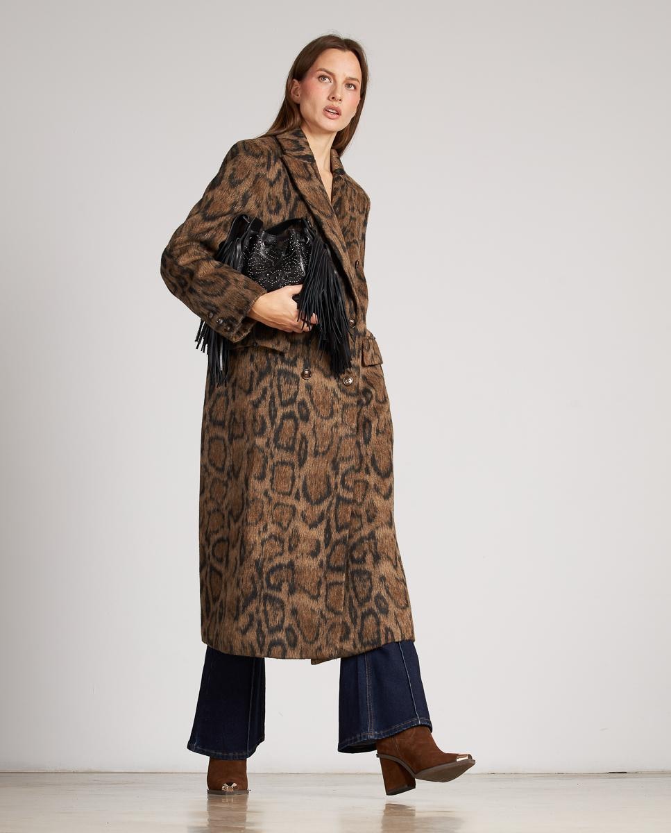 Sobretudo de Pano Cruzado com Estampado Animal e Fecho com Botões Castanho-3