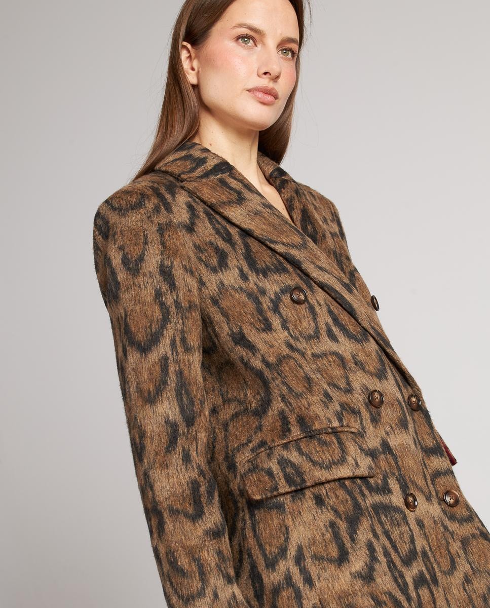 Sobretudo de Pano Cruzado com Estampado Animal e Fecho com Botões Castanho-4