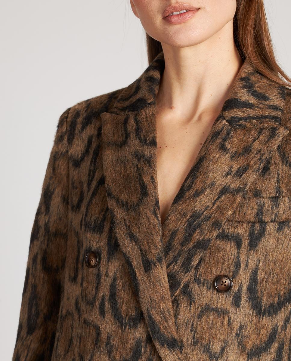 Sobretudo de Pano Cruzado com Estampado Animal e Fecho com Botões Castanho-5