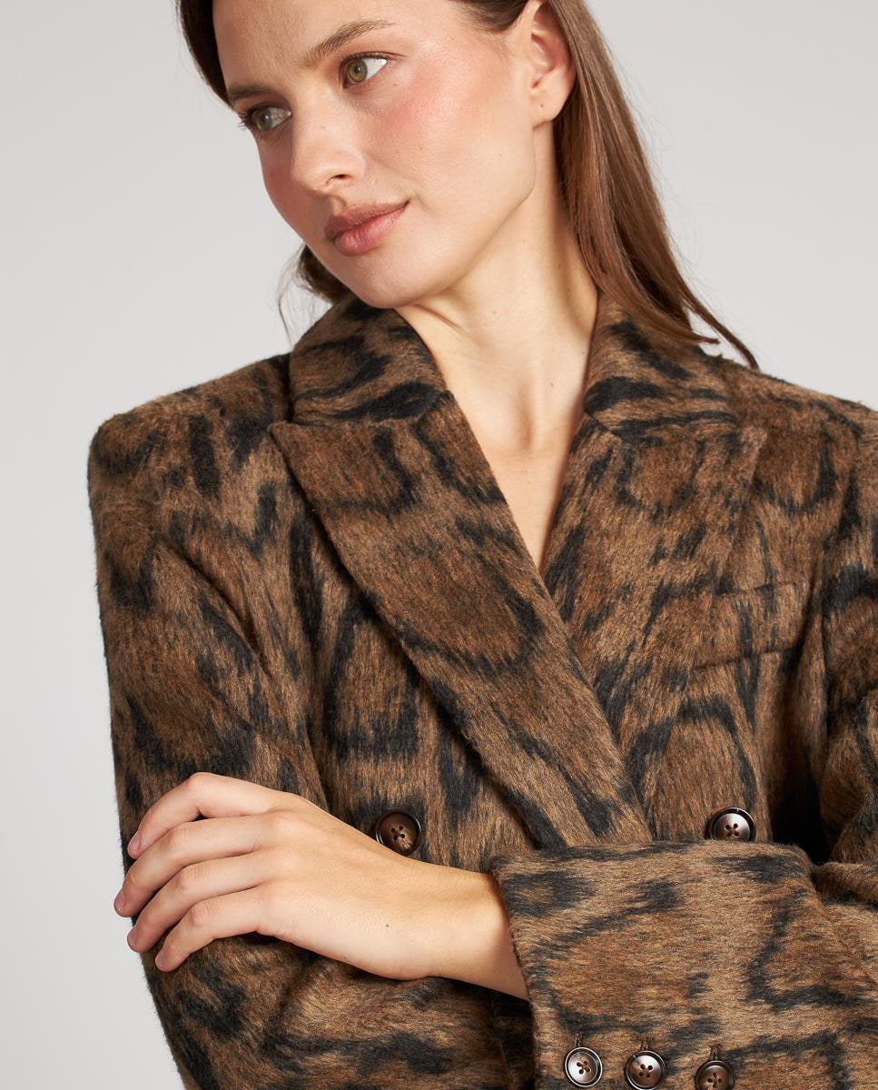 Sobretudo de Pano Cruzado com Estampado Animal e Fecho com Botões Castanho-6