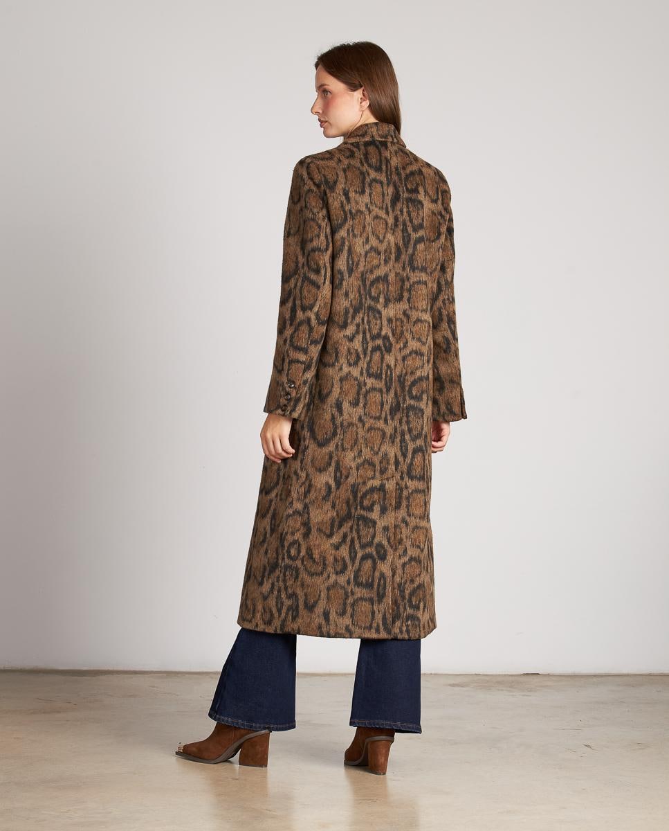 Sobretudo de Pano Cruzado com Estampado Animal e Fecho com Botões Castanho-8