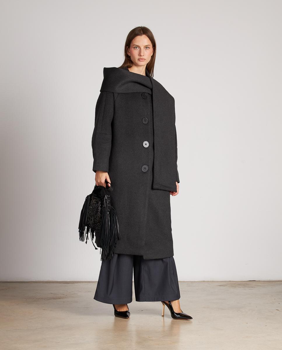 Sobretudo de Pano Cruzado com Cachecol e Fecho com Botões Cinzento-1