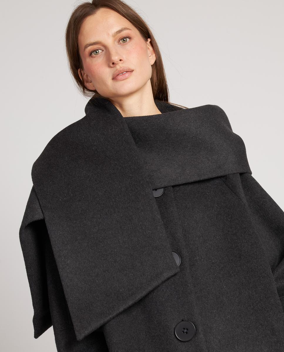 Sobretudo de Pano Cruzado com Cachecol e Fecho com Botões Cinzento-2
