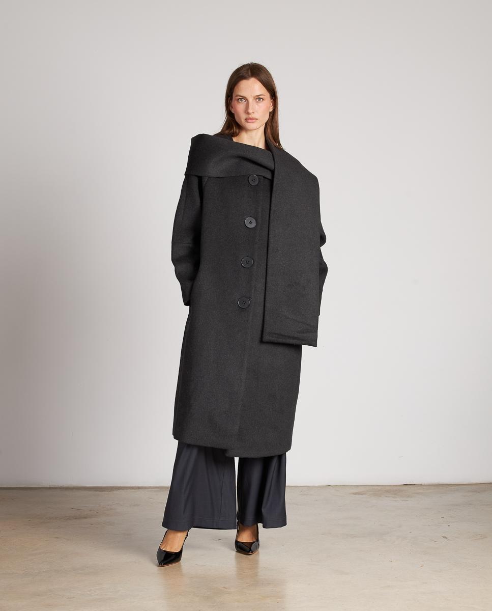 Sobretudo de Pano Cruzado com Cachecol e Fecho com Botões Cinzento-3