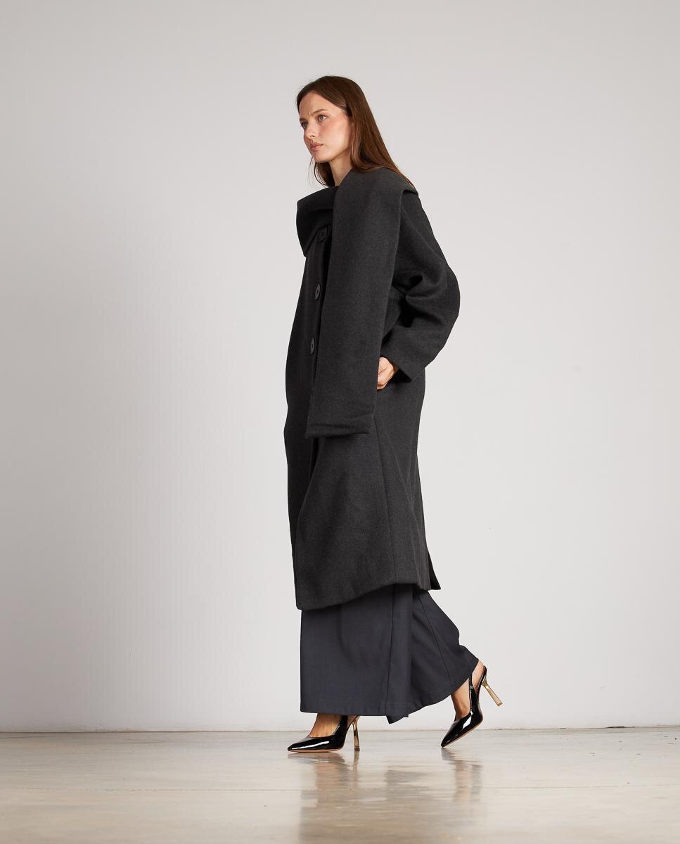 Sobretudo de Pano Cruzado com Cachecol e Fecho com Botões Cinzento-5