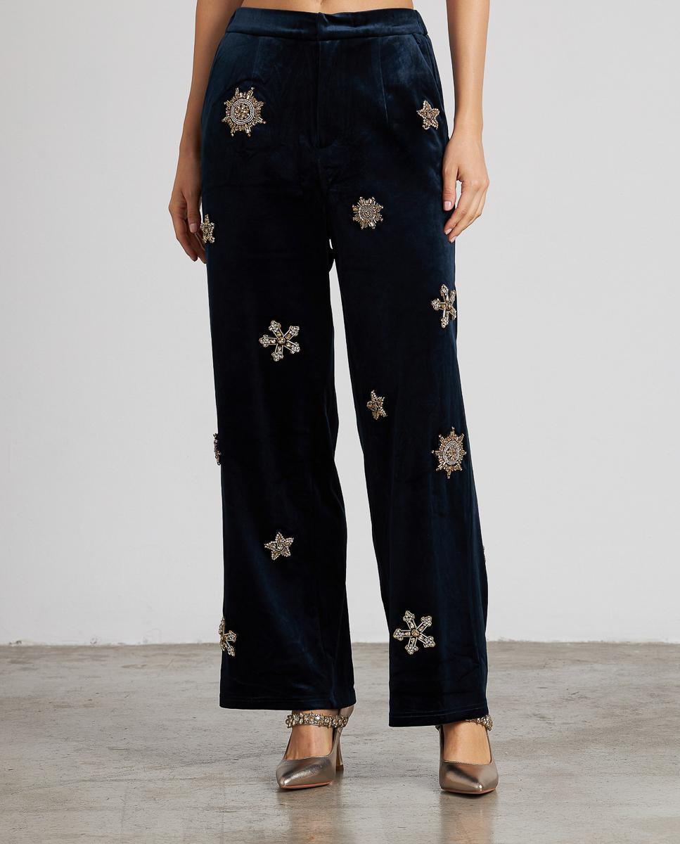 Imagem 0 de Calças Retas de Veludo com Pedras e Fecho Zip