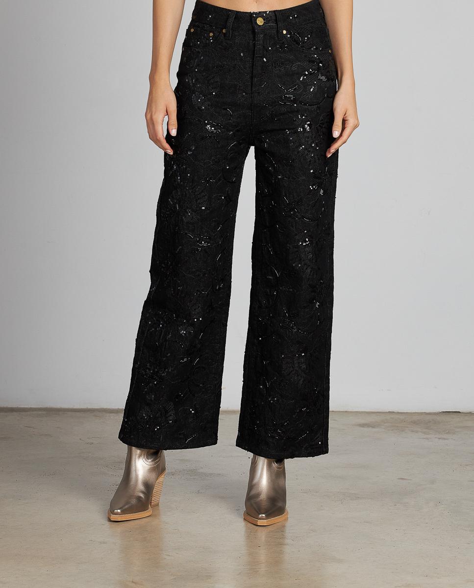 Imagem 0 de Calças Retas com Detalhes de Veludo e Lantejoulas