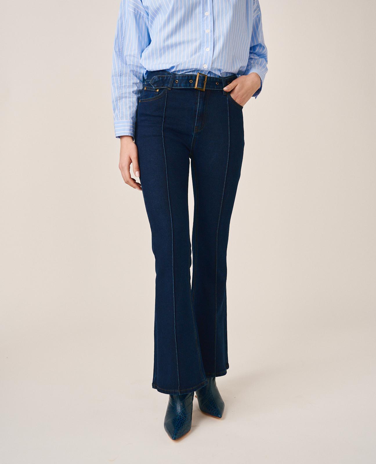 Jeans À Boca de Sino com Cinto Ajustável e Fecho Zip Azul-escuro-3
