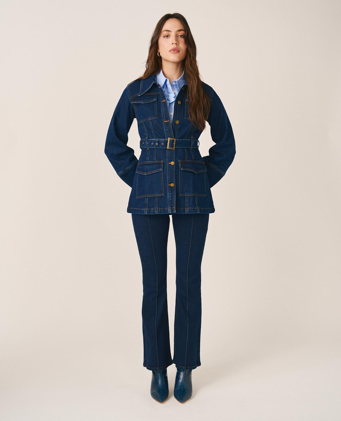 Jeans À Boca de Sino com Cinto Ajustável e Fecho Zip Azul-escuro-4