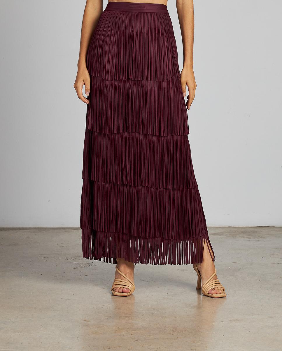 Saia Midi com Franjas e Fecho Zip Bordeaux-1