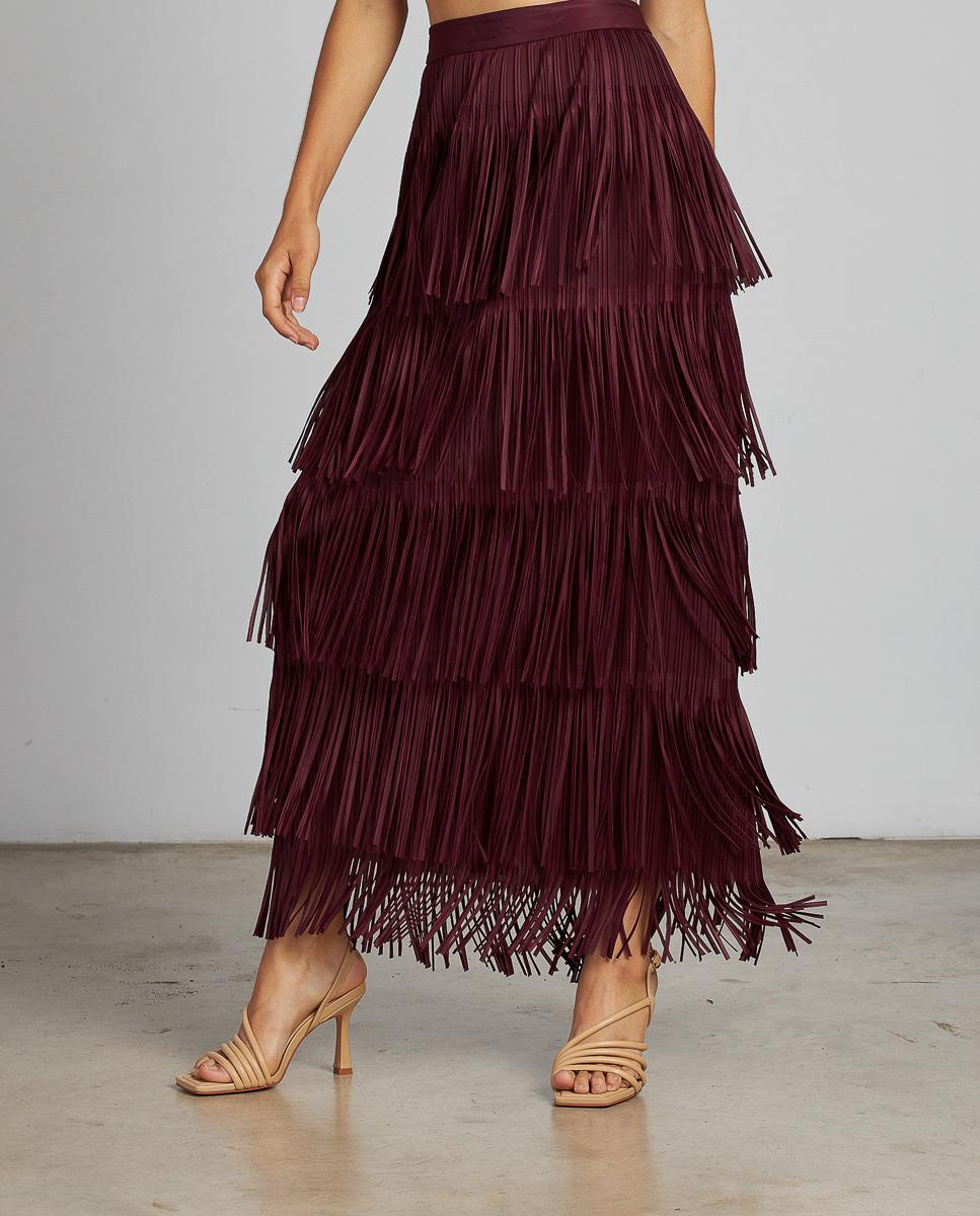 Saia Midi com Franjas e Fecho Zip Bordeaux-2