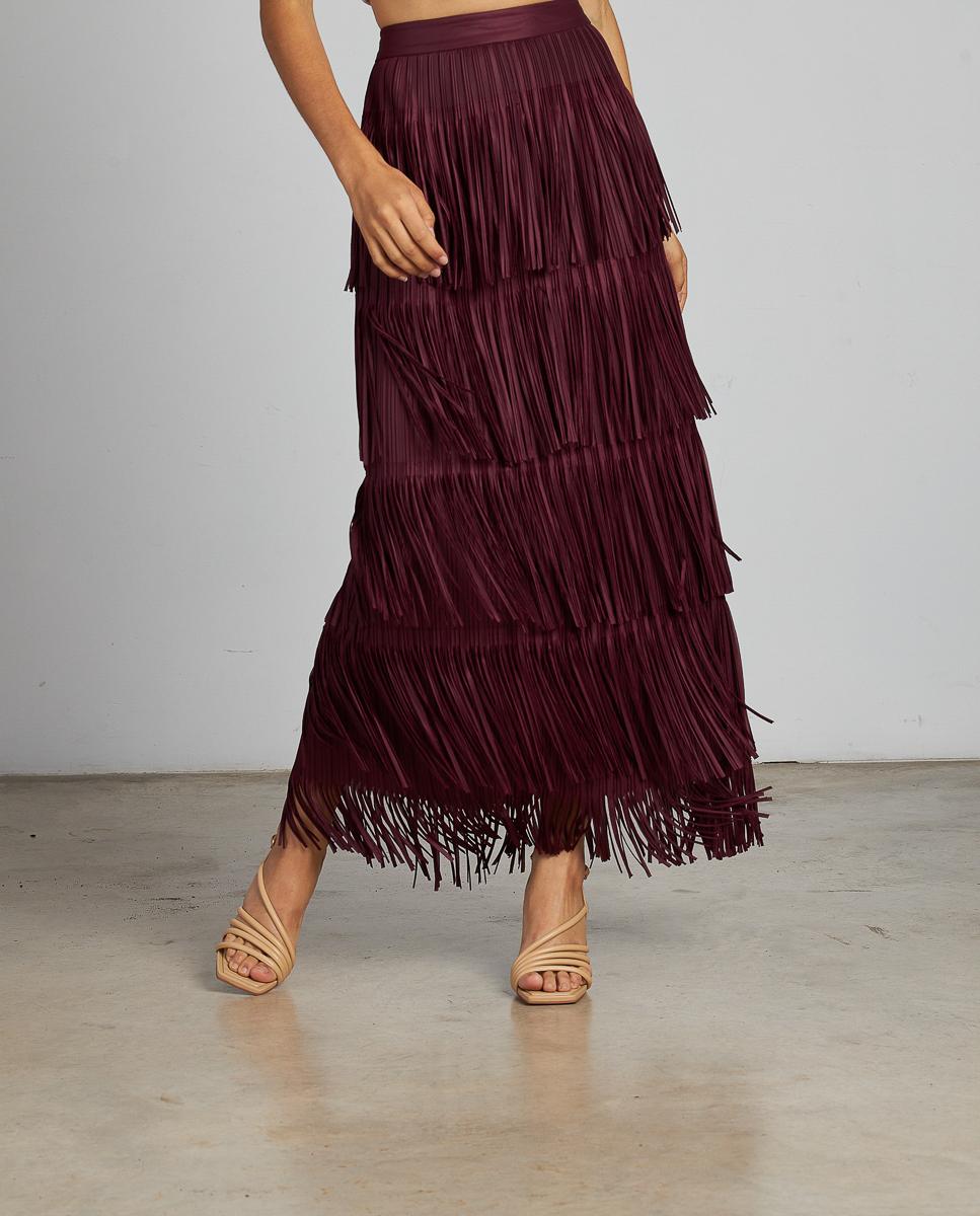 Saia Midi com Franjas e Fecho Zip Bordeaux-3