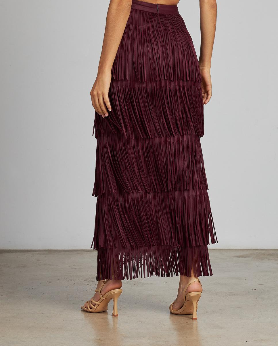Saia Midi com Franjas e Fecho Zip Bordeaux-7