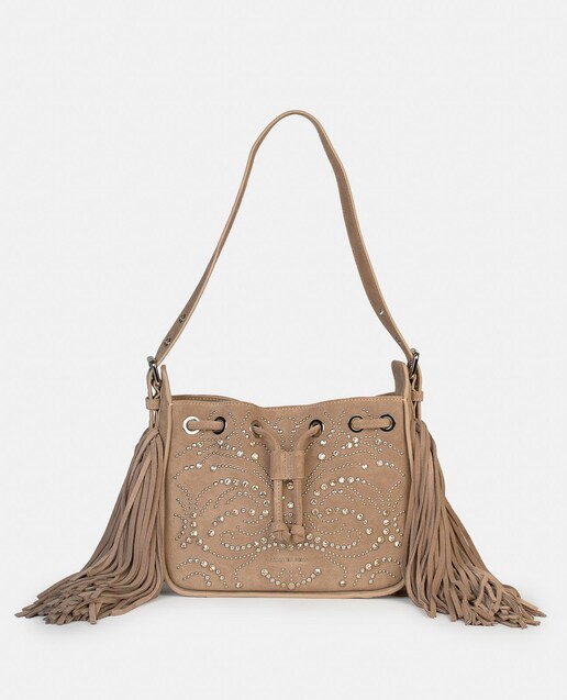 Imagem 0 de Mala de Ombro de Pele com Detalhe de Franjas e Tachas e Fecho Ajustável