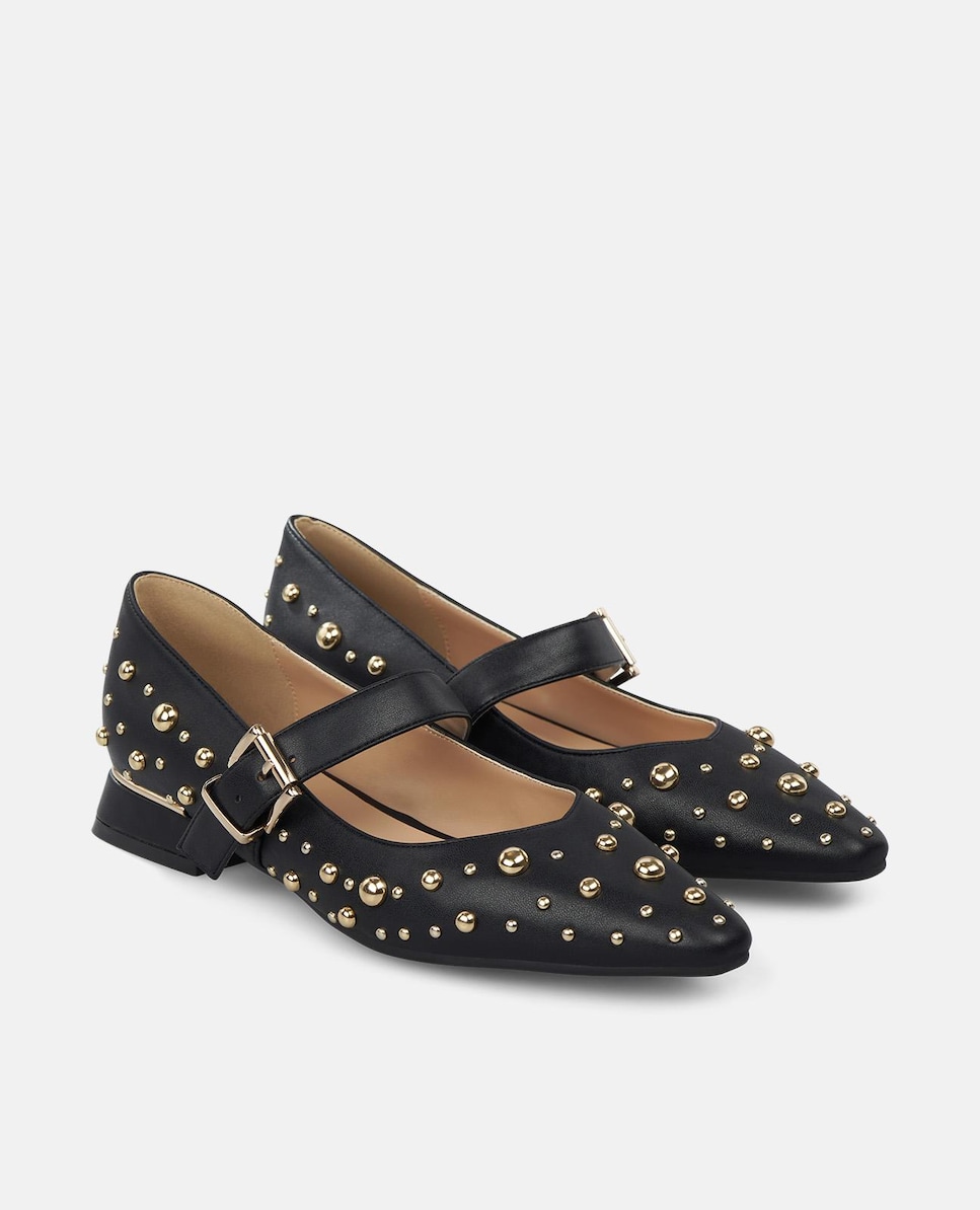 Sapatos de Presilha com Tacão com Tachas e Biqueira Afiada e Fecho de Fivela Preto-2