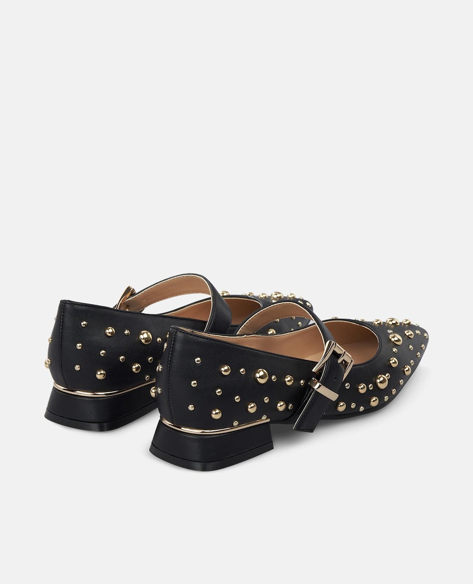 Sapatos de Presilha com Tacão com Tachas e Biqueira Afiada e Fecho de Fivela Preto-3