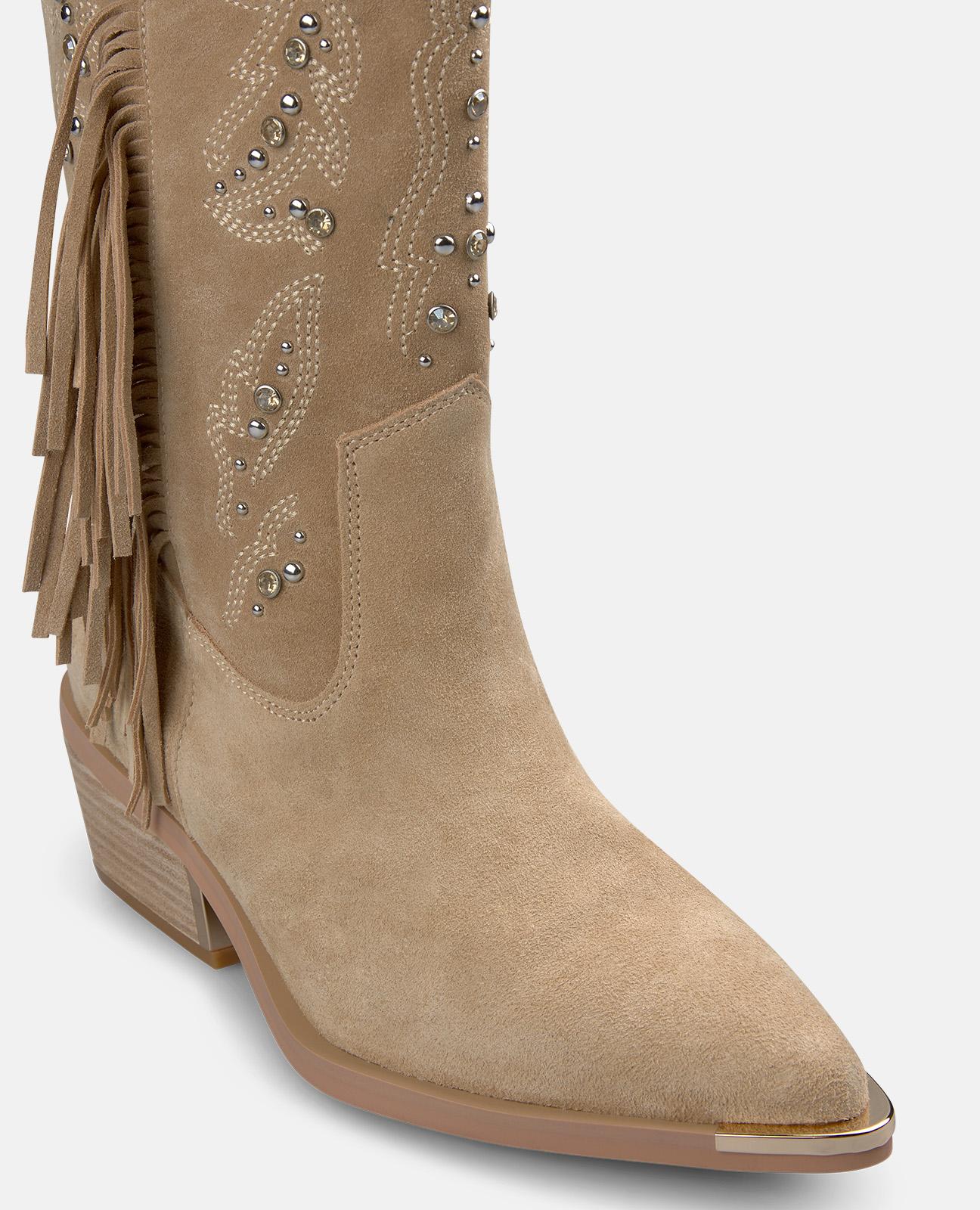 Botas Cowboy em Pele com Bordado com Tachas no Cano e Franjas Areia-4