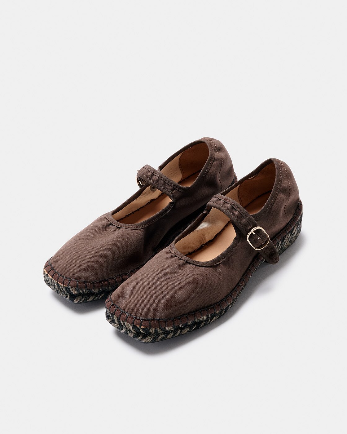 Alpercata Rasa Estilo Sapato com Detalhe de Rebordo Elástico e Tecido de Algodão com Fecho de Fivela e Sola de Trança Simples de Juta Bicolor Castanho-escuro-2