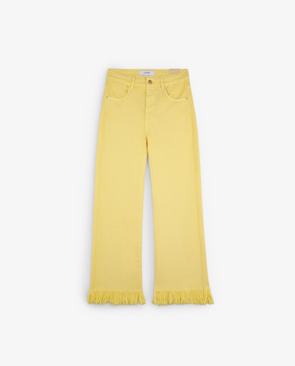Calças com Corte a Direito Regular Fit com Franjas na Bainha Amarelo-4
