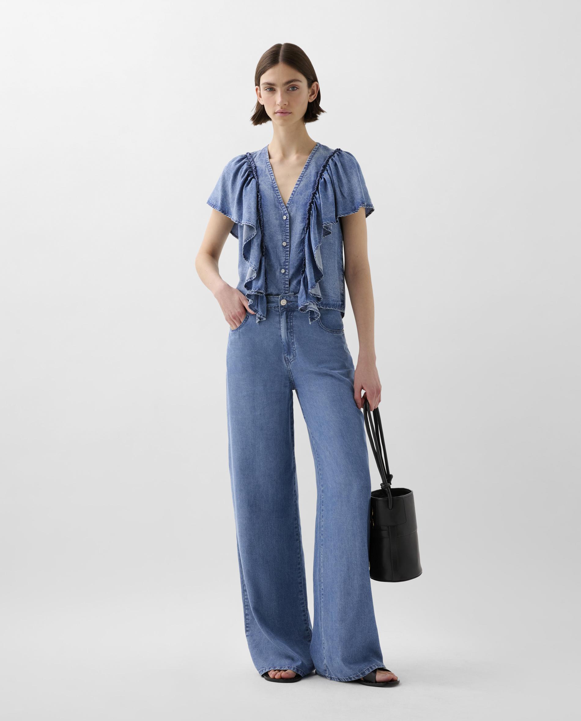 Jeans de Corte a Direito com Bolsos e Fecho Zip e Botão Azul-1