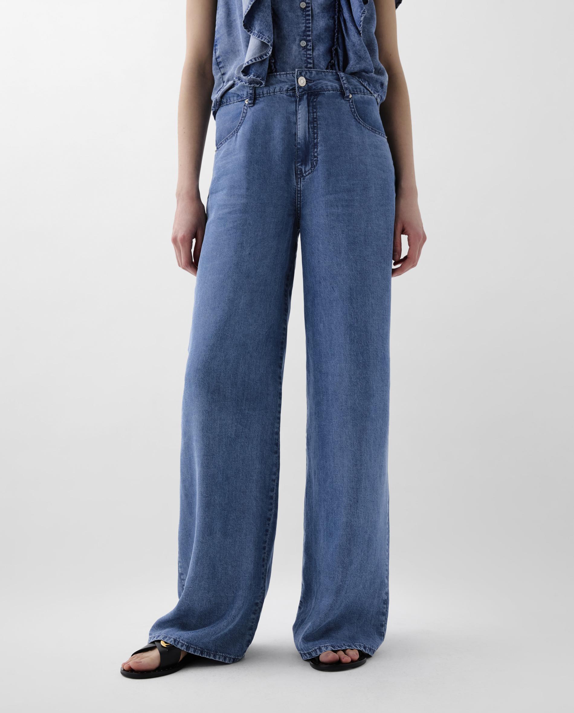 Jeans de Corte a Direito com Bolsos e Fecho Zip e Botão Azul-2