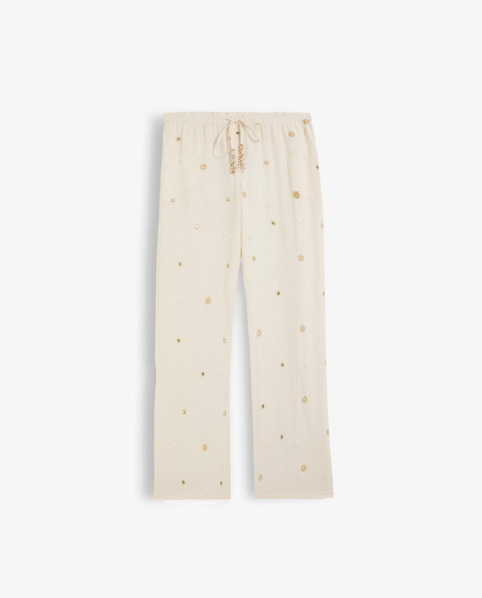 Calças Retas com Bordados e Apliques Metálicos Branco-4