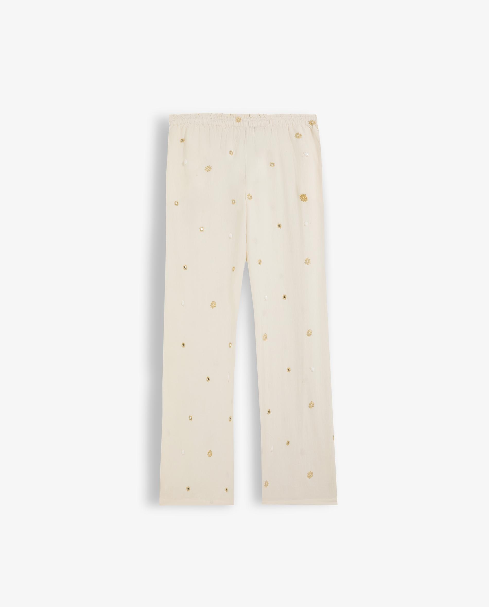 Calças Retas com Bordados e Apliques Metálicos Branco-5