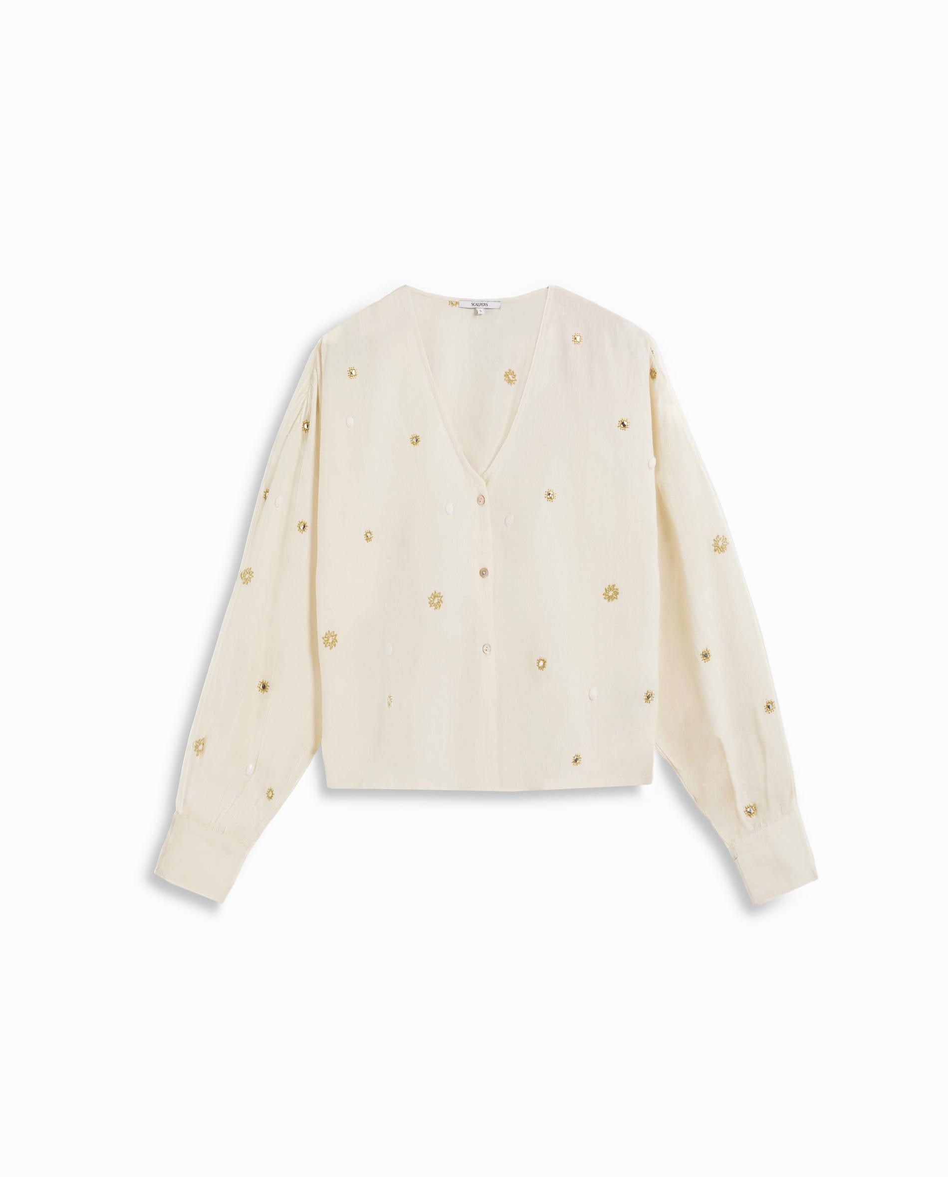 Camisa Bordada com Gola em V Branco-4
