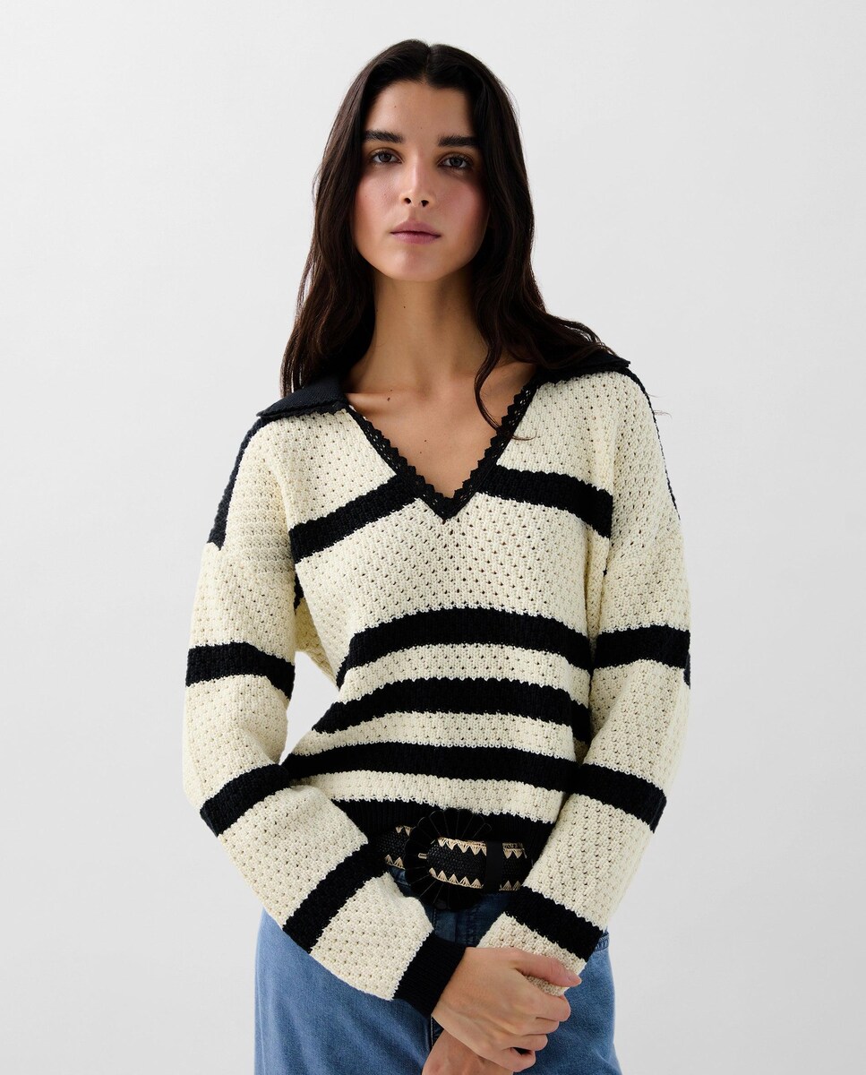 Camisola de Malha com Decote em V Preto-1