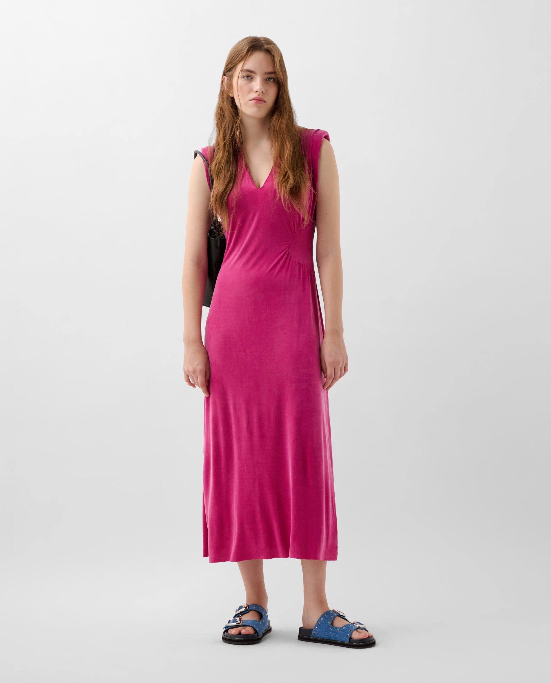 Vestido Midi com Franzido Lateral Fúcsia-1