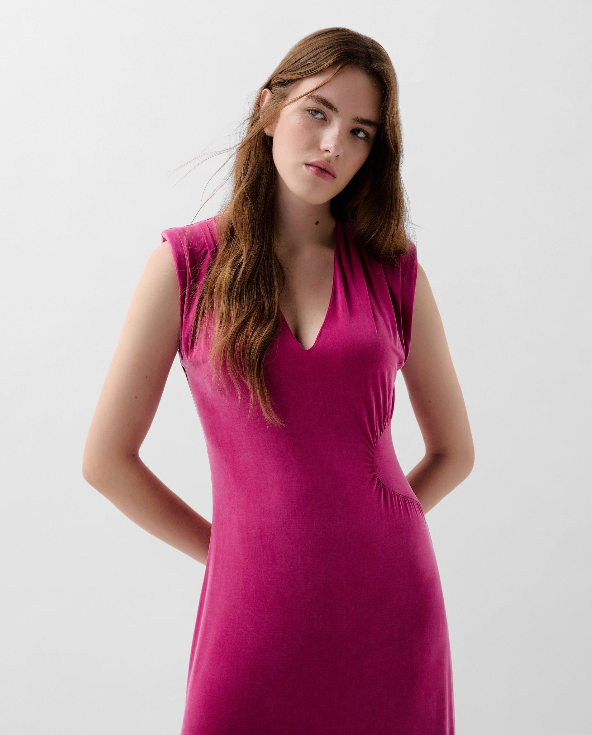 Vestido Midi com Franzido Lateral Fúcsia-3
