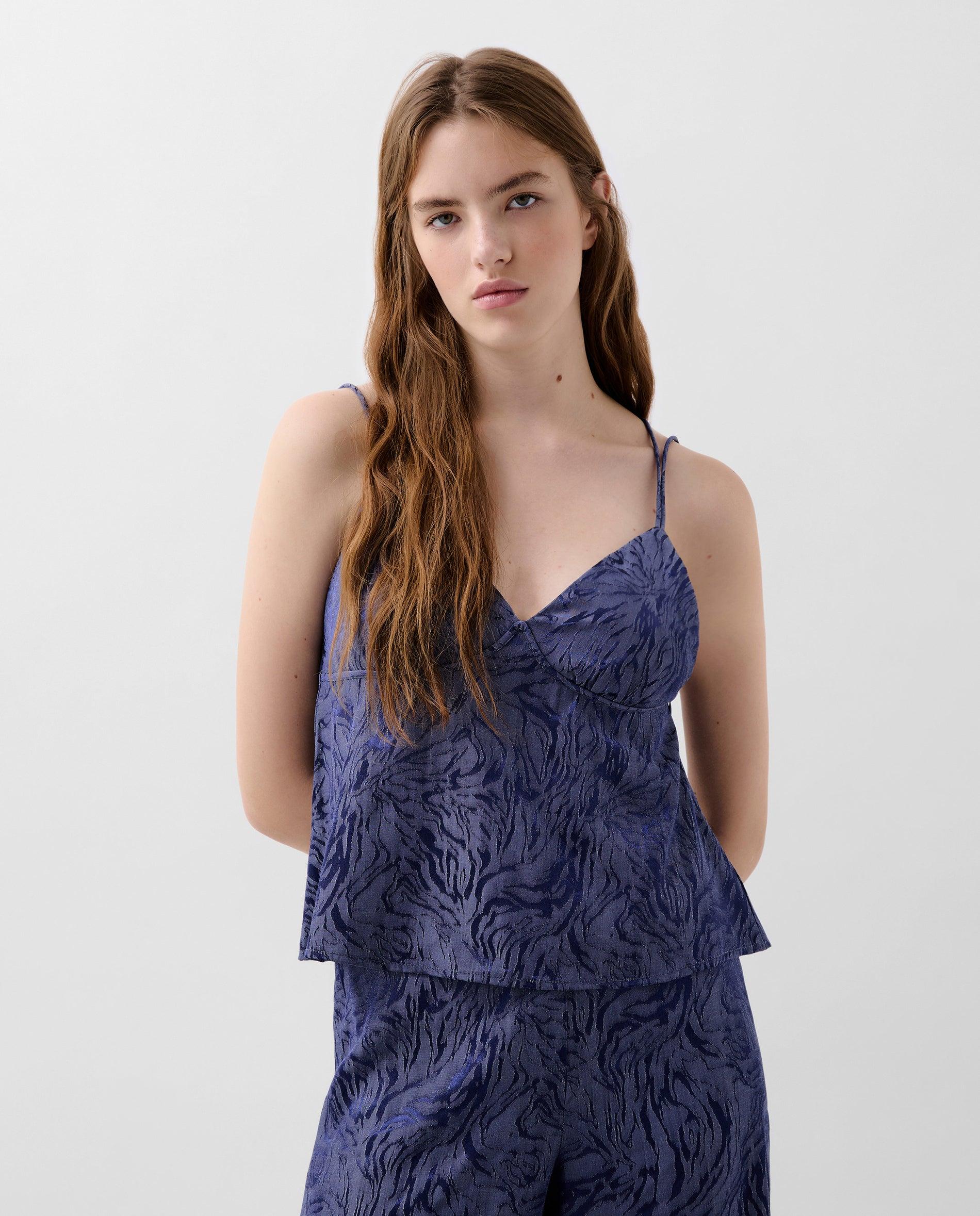 Top Jacquard com Decote em V e Costas Cruzadas Azul-1