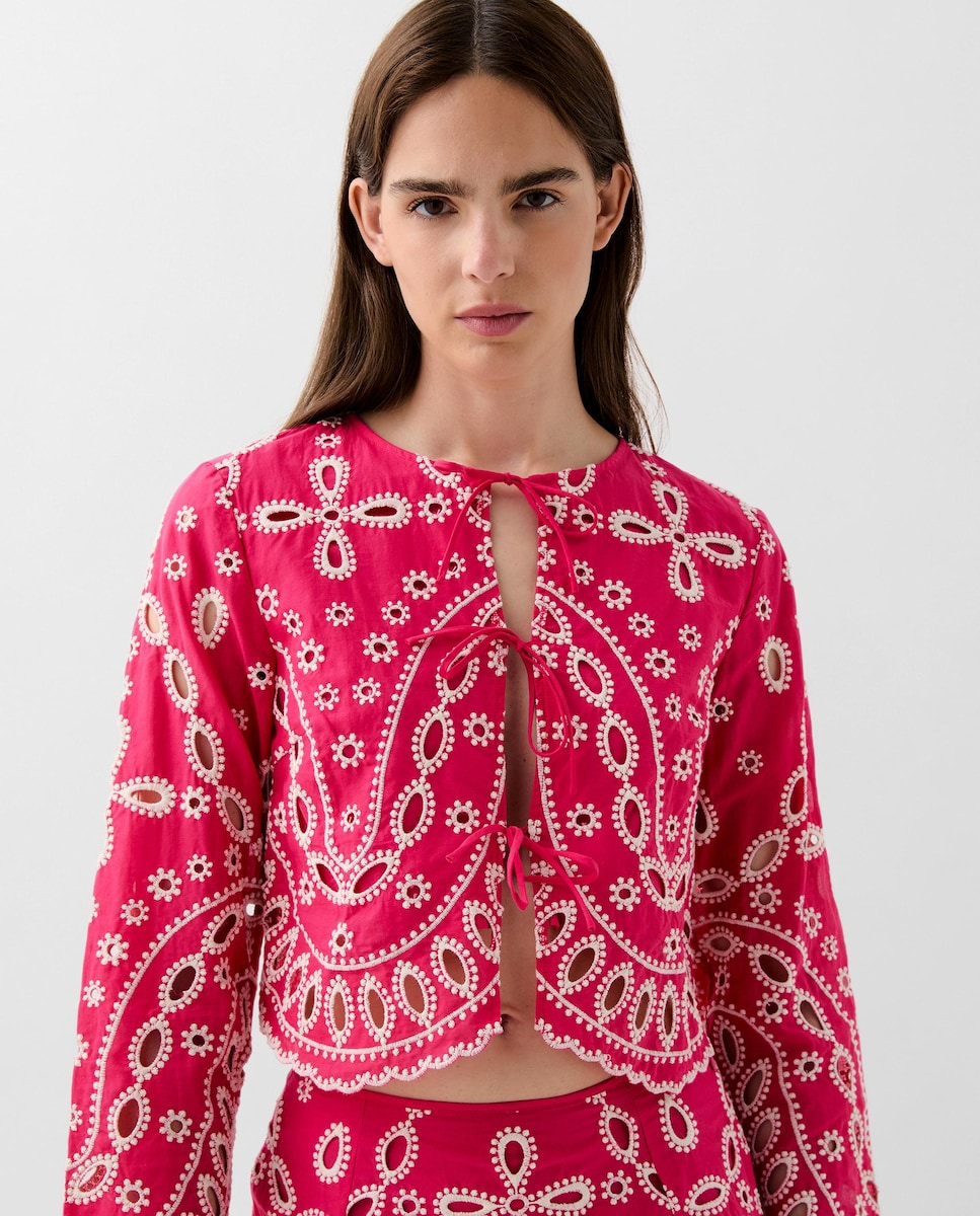 Camisa de Algodão com Bordados Vermelho / Branco-1