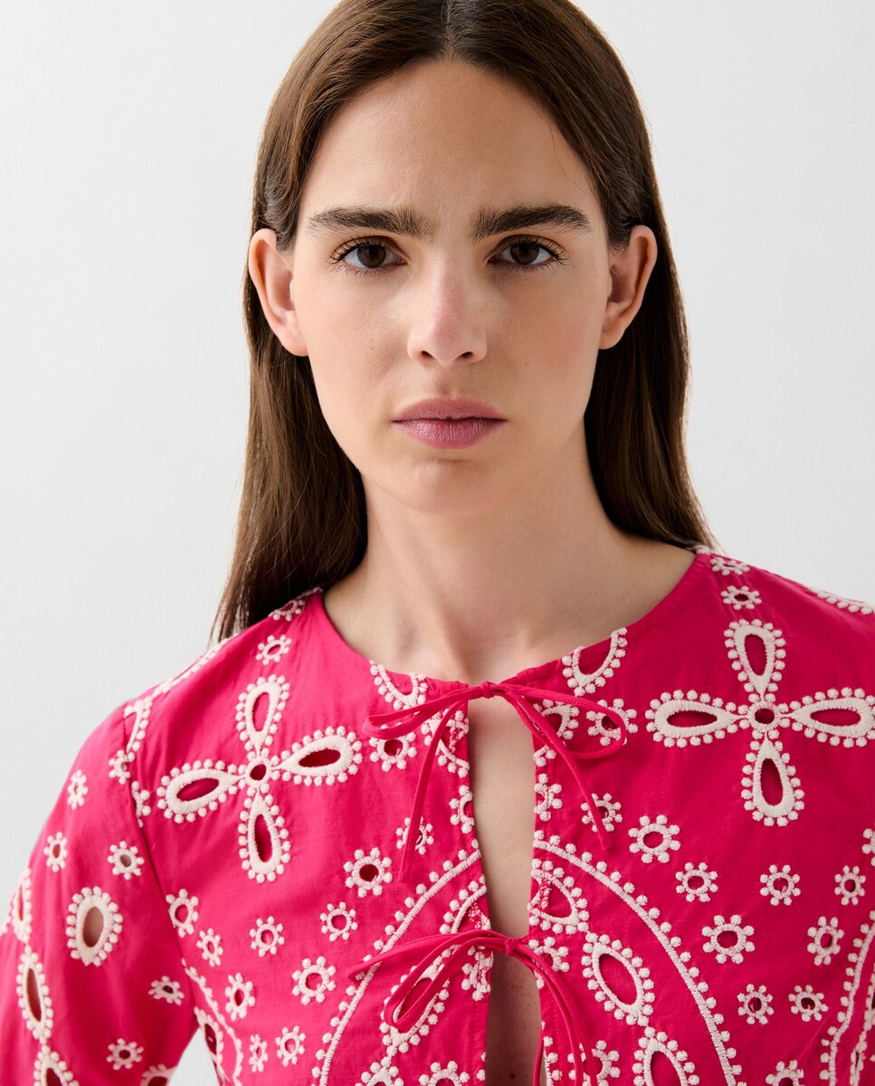 Camisa de Algodão com Bordados Vermelho / Branco-3