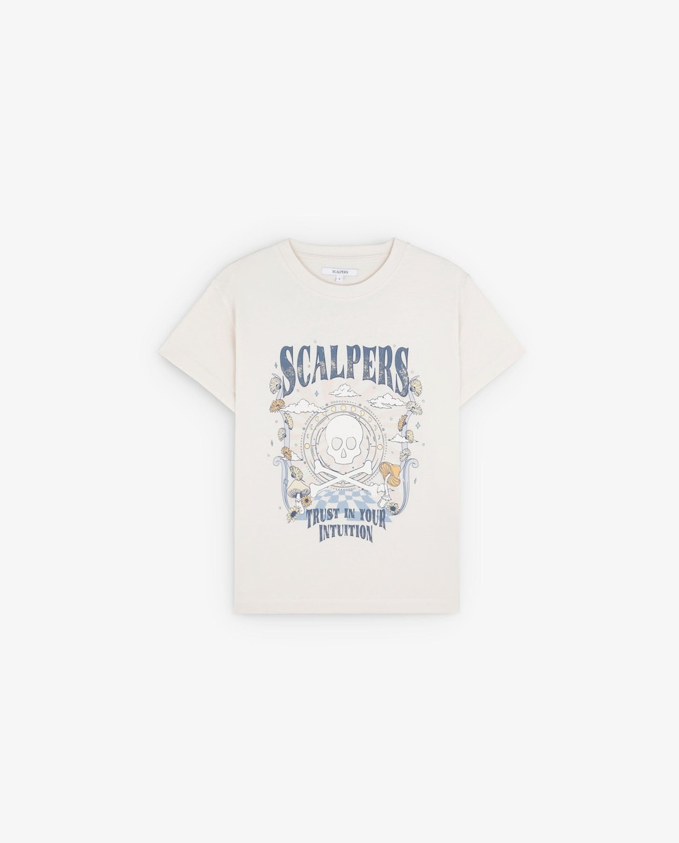 T-shirt de Algodão com Estampado Frontal Bege-1