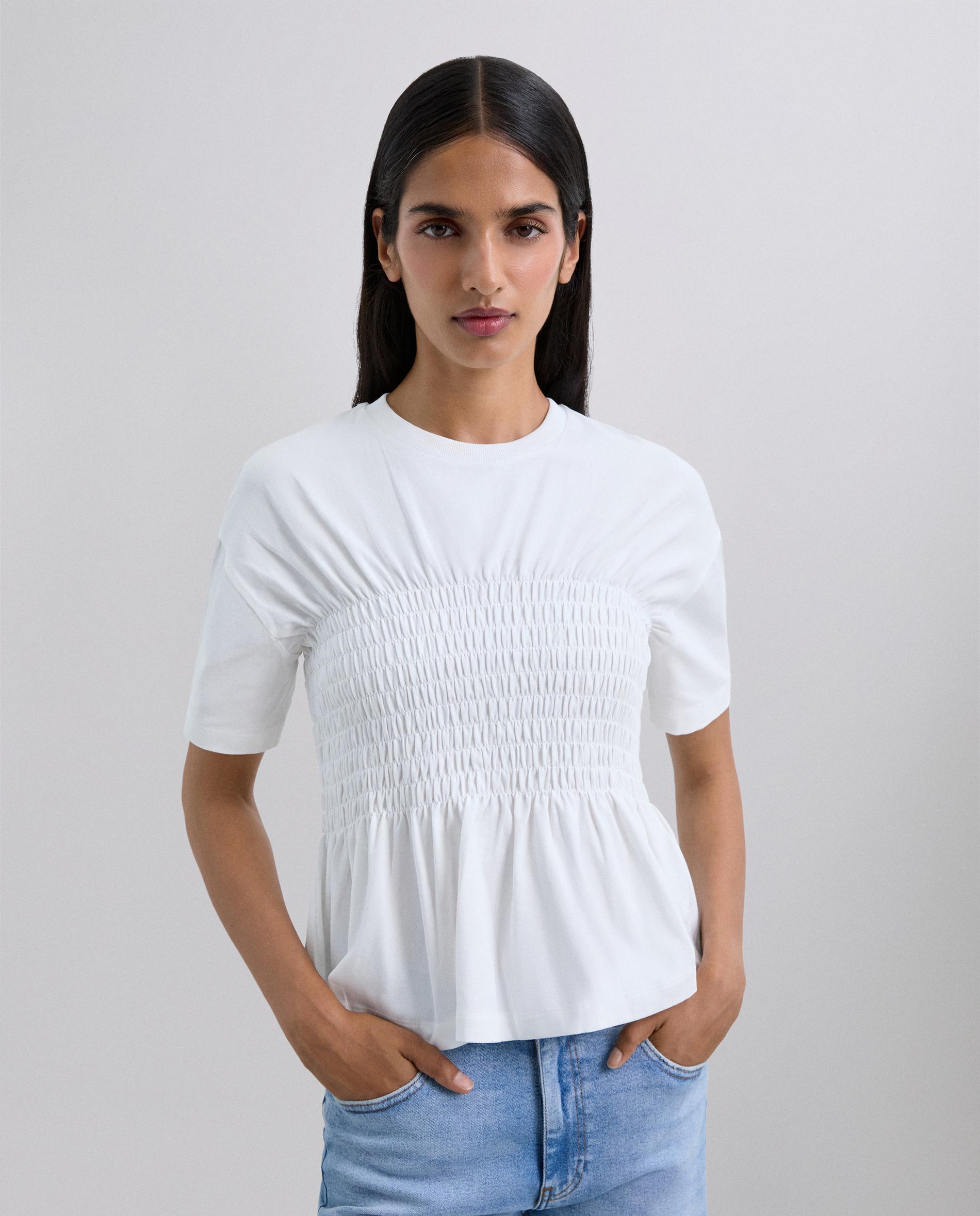 T-shirt com Detalhe de Favo de Mel e Folho Branco-1