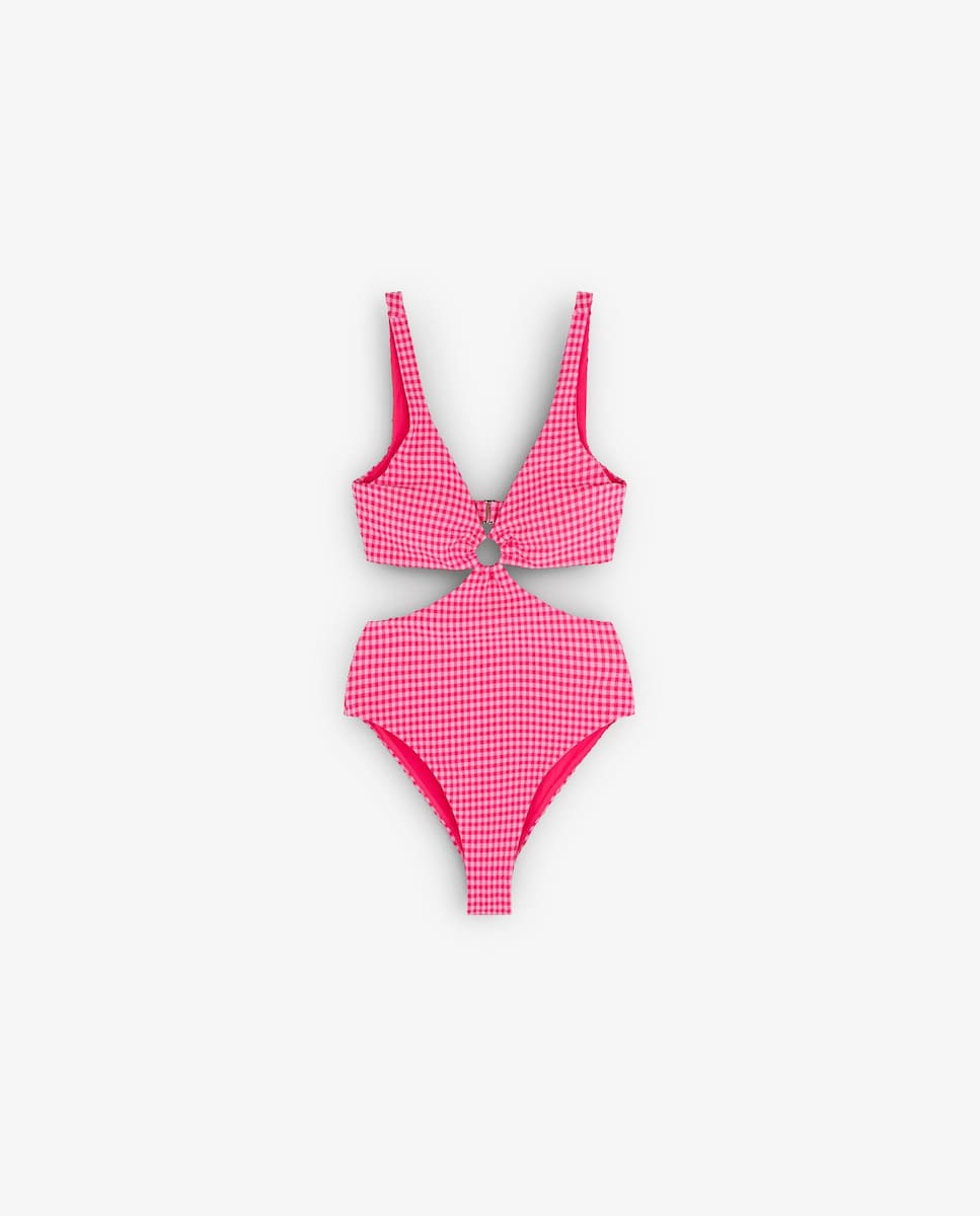 Triquíni com Estampado Vichy e Aberturas Laterais Vermelho-4