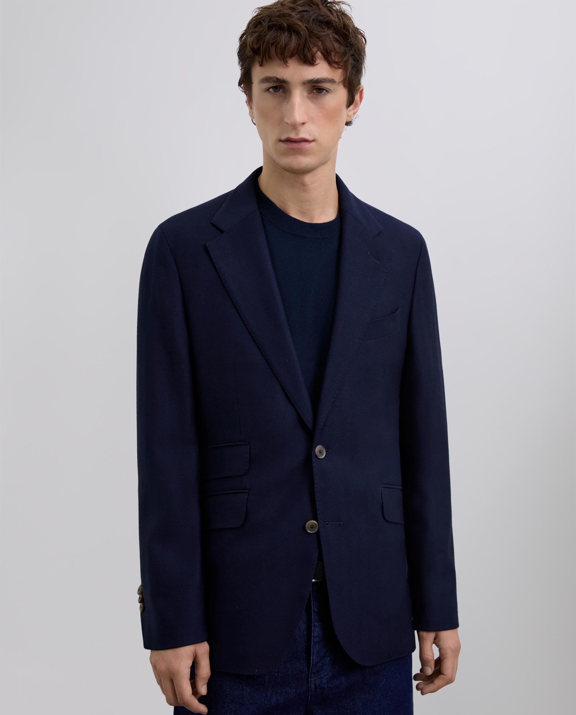 Blazer com Tecido em Espiga de Lã Virgem Azul-marinho-1