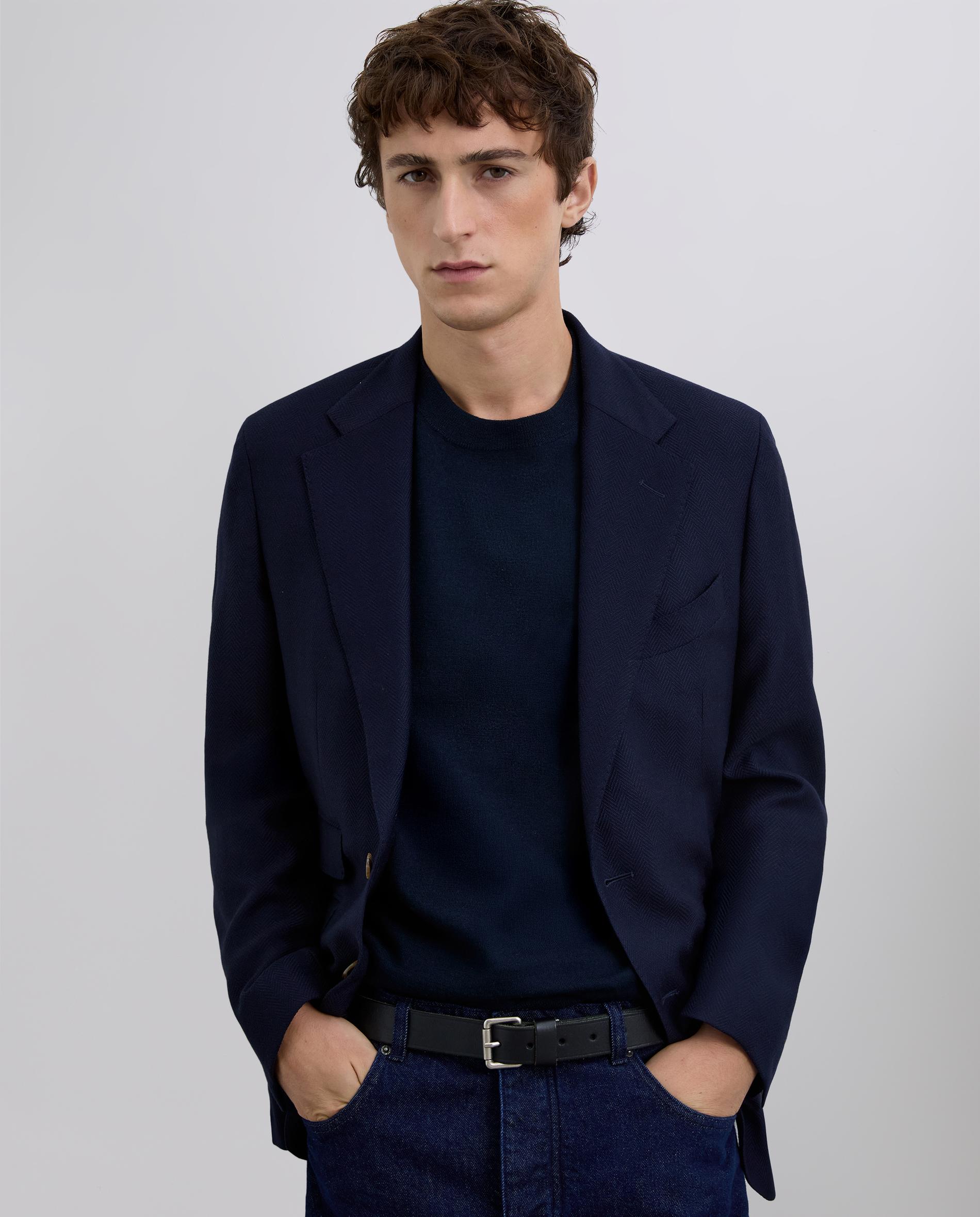 Blazer com Tecido em Espiga de Lã Virgem Azul-marinho-5