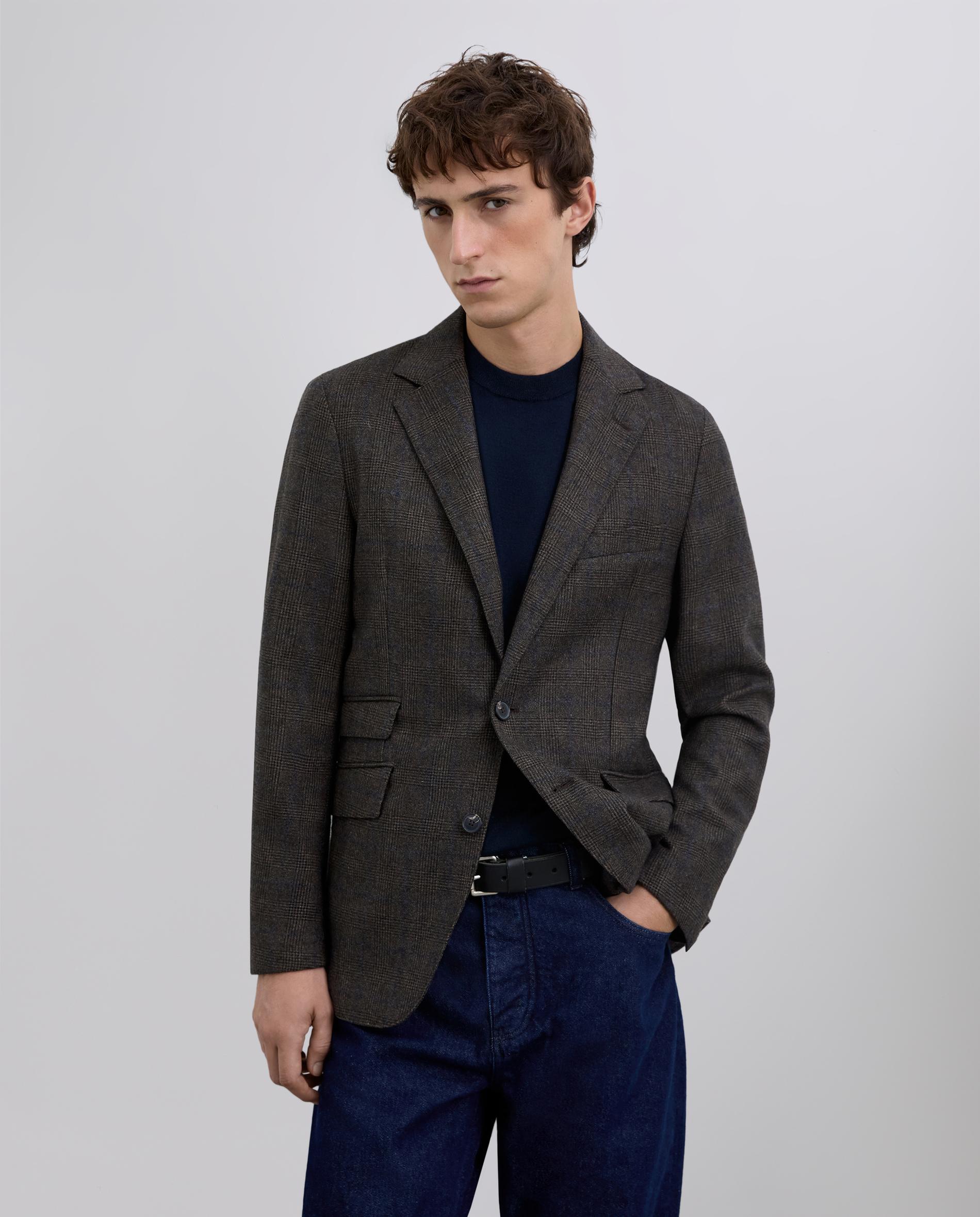 Blazer Regular Fit em Lã Virgem Aos Quadrados Castanho-escuro-1